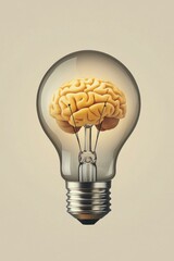 Wall Mural - Unique light bulb design featuring a brain shape inside on a soft peach background