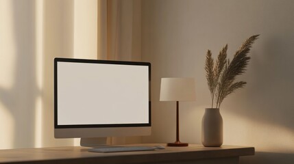 Poster - Minimalist Desktop Workspace with Sunlight and Empty Computer Screen