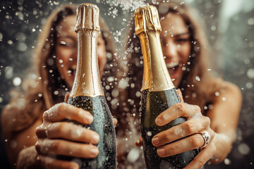  Two women celebrating with champagne bottles, enjoying a party with sparkling drinks, festive lights and excitement, perfect for New Year's Eve or party celebrations