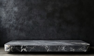 Wall Mural -  3D product table in an empty studio against a black wall. Podium for presentation. Concrete dark surface. Marble luxury countertop mockup. 