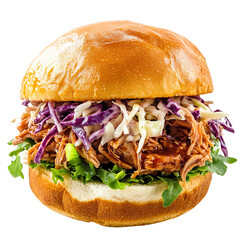 Wall Mural - A delicious pulled pork sandwich topped with coleslaw, nestled in a soft, golden bun, showcasing vibrant colors and fresh ingredients.