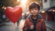 © Pod - A young Asian boy , holding a large red heart-shaped balloon in a blurred outdoor setting