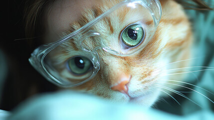 Poster - A close-up of a ginger cat wearing safety glasses.