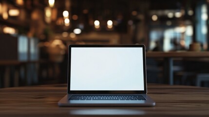 Poster - Laptop on Wooden Table in Cafe