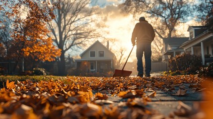 A homeowner rakes orange leaves in the backyard, preparing for fall home maintenance on a cool autumn day with crisp air and vibrant colors.