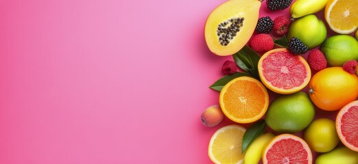 Fresh fruit assortment with vibrant colors on a pink background for a healthy lifestyle