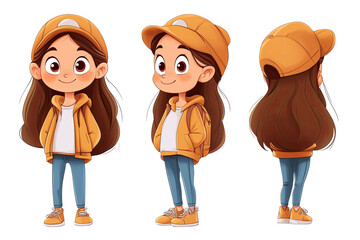 cute girl cartoon character wearing orange hat and jacket transparent background