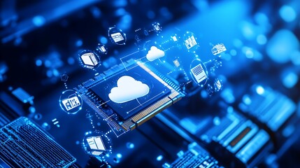 Poster - Cloud computing on a circuit board, with icons representing data and applications.
