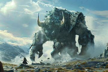 Wall Mural - a giant monster is standing in front of a mountain.,