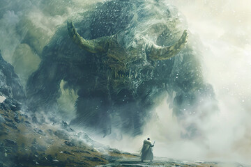 Wall Mural - a giant monster is standing in front of a mountain.,