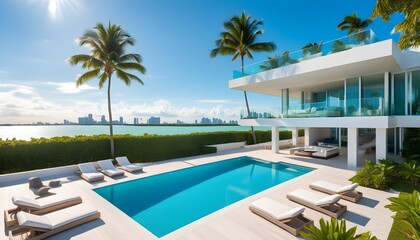 luxurious modern villa in Miami with a private rooftop infinity pool overlooking the city skyline surrounded by tropical landscapes and stunning ocean views