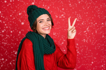 Canvas Print - Profile side photo of young woman happy positive smile show peace cool v-sign isolated over red color background