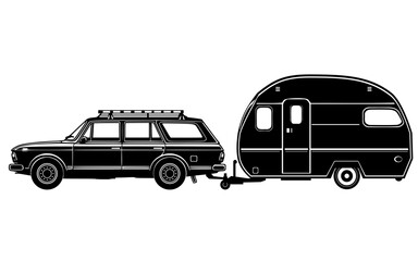 Wall Mural - Retro van car trailer camper caravan , station wagon car towing caravan 