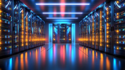 Poster - A futuristic server room with rows of glowing servers and neon lights.