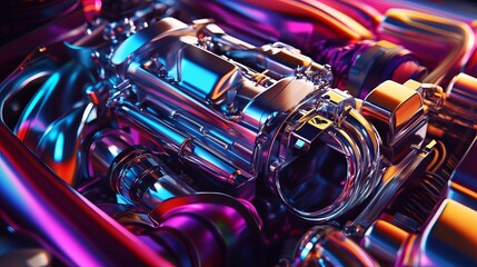 Wall Mural - Detailed and colorful modifications of a turbo engine, highlighting close-up aspects of a car engine