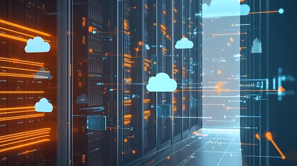 Poster - Server room with glowing lights and cloud icons symbolizing cloud computing.