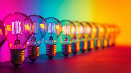 Row of light bulbs glowing with vibrant colors in a gradient background