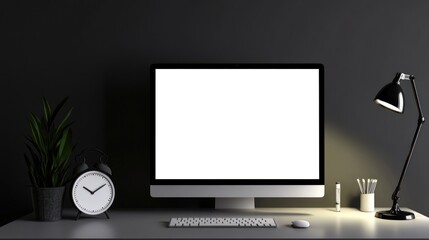 Poster - Minimalist Home Office Workspace with Blank Computer Screen