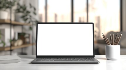 Poster - Laptop with Blank Screen on White Desk