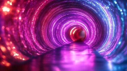 Wall Mural - An abstract 3D render of a futuristic tunnel lined with neon lights in pink and blue.