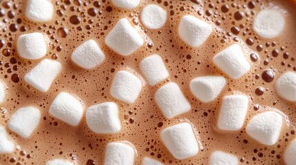 Sticker - Close-up of hot chocolate topped with melting marshmallows showing the frothy, creamy surface photorealistic, super macro shot 