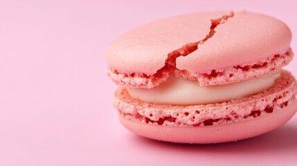 Poster - Detailed close-up of a cracked macaron showing delicate shell and creamy filling photorealistic dessert, super macro shot 