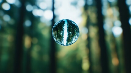 Poster - Detailed macro of a water droplet reflecting an entire forest scene photorealistic nature art, super macro shot 