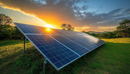 Solar panels in farm with sunlight to create clean renewable energy
