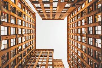 symmetrical photo of tall buildings made from golden metallic rectangular frames, symetrical photo, white sky in the background, hyper realistic photography --ar 3:2 --v 6 Job ID: 6e9cbc02-ff93-4692-a