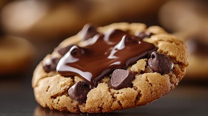 Wall Mural - Hyper-realistic close-up of a chocolate chip cookie with melted chocolate oozing from its center detailed texture, super macro shot 