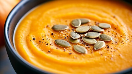 Canvas Print - Macro shot of thick creamy pumpkin soup sprinkled with toasted pumpkin seeds smooth texture autumn food, super macro shot 