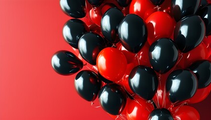 Sticker - Vibrant Black and Red Balloons on Bold Red Background for Eye-Catching Banner Design