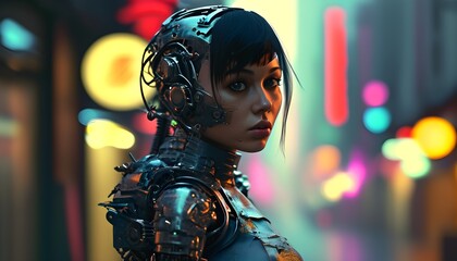 Futuristic cyberpunk girl with mechanical prosthetics poised on a bustling street illuminated by neon lights