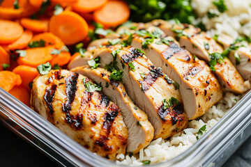 Meal prep with healthy grilled chicken breast, carrots and rice