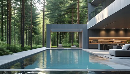 contemporary outdoor swimming pool surrounded by lush forest and sleek minimalist kitchen design