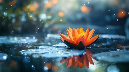 Serene lotus flower in water with raindrops and reflection