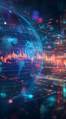 Poster - Futuristic global communication and technology represented by abstract digital world rotating with data around it