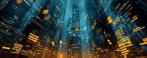 Wall Mural - A futuristic cityscape with tall buildings lit up with glowing lights.