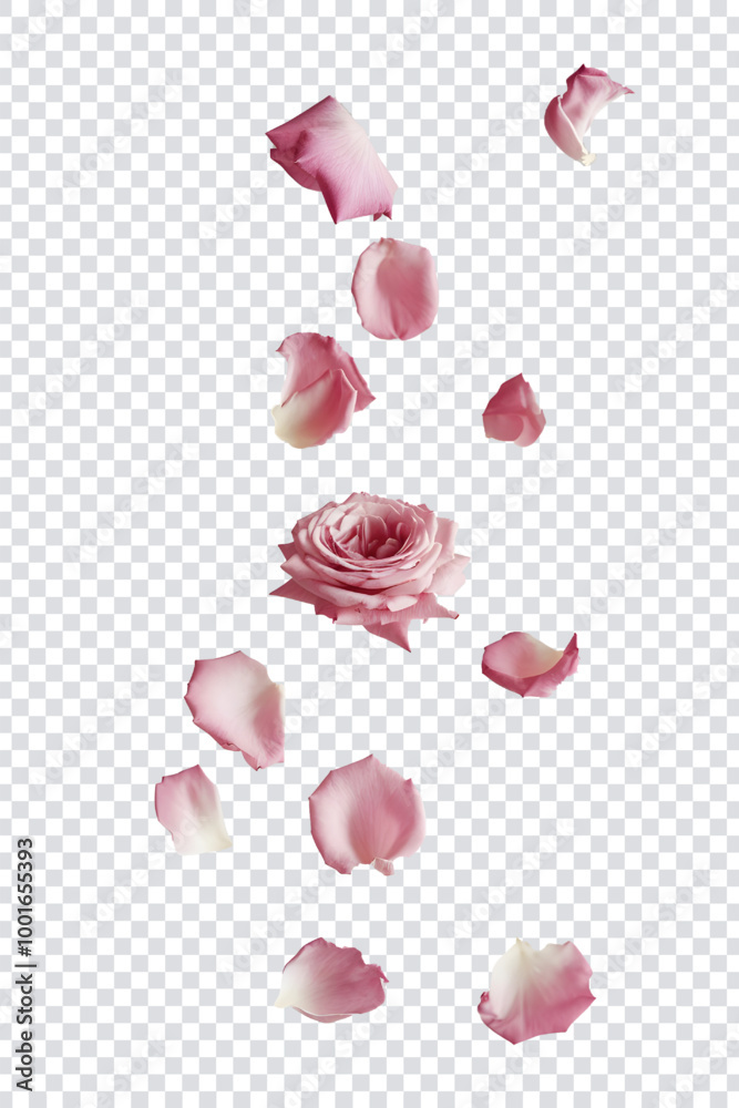 Falling Pink rose petals in mid air on a transparent background. AI ...