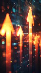Poster - Multiple luminous arrows pointing up on a digital background, representing growth and success