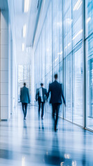 Canvas Print - Corporate professionals in formal attire swiftly move through a sleek office hallway, causing a blur effect