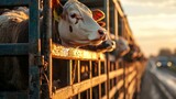 Livestock being loaded onto truck for transport. Livestock transport in a countryside setting