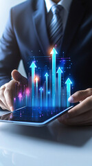 Poster - Businessman holding tablet analyzing hologram of financial graph with upward trend arrows, concept of business strategy and successful investment