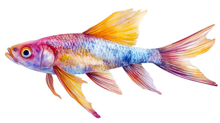 A watercolor fish with flowing fins, vibrant colors, soft strokes isolated on white background ready to bring joy to any space , cartoon drawing, water color style