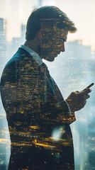 Canvas Print - Businessman holds a smartphone with a city skyline reflecting in the window