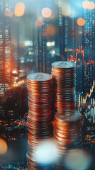 Poster - Cryptocurrency stacks on the rise against urban skyline and stock market graph