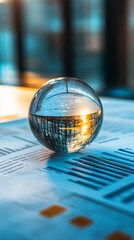 Leinwandbilder - Reflection of modern business office with charts and graphs in a glass crystal ball