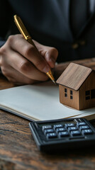Poster - Real estate agent calculating costs and signing contract for new house in his office