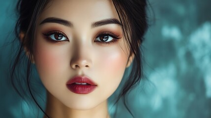 Wall Mural - Close up portrait of a beautiful young woman with dark hair, eyes, and lips against a blue background