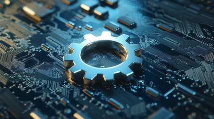 Aufkleber - Shiny metal gear is sitting on a circuit board, representing the concept of technology and innovation